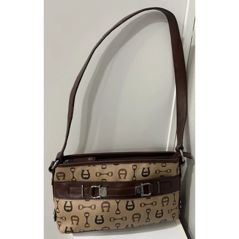 Vintage Etienne Aigner Signature Brown Logo All Over Print Purse Bag